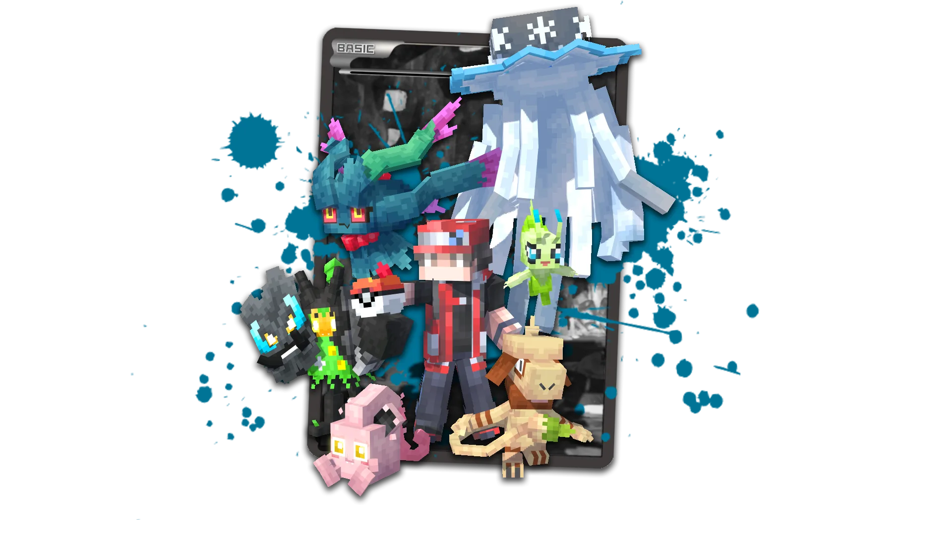 Персонаж Огерпон из мода MissingMons (Cobblemon) с найденной маской в окружении новых покемонов.