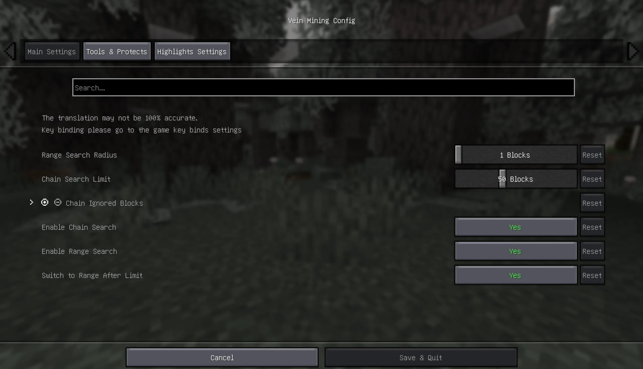 Экран конфигурации мода VeinMine версии 1.0.4.