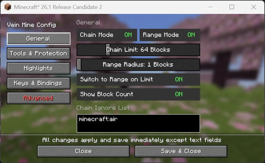Окно конфигурации мода VeinMine версии 26.1.