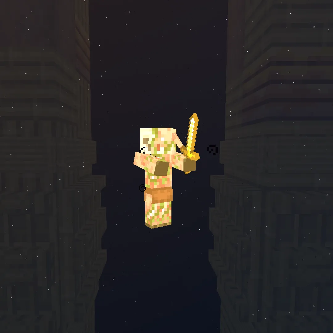 Светящийся зомби-пиглин между двумя полупрозрачными колоннами, демонстрирующий работу шейдера Galaxy.