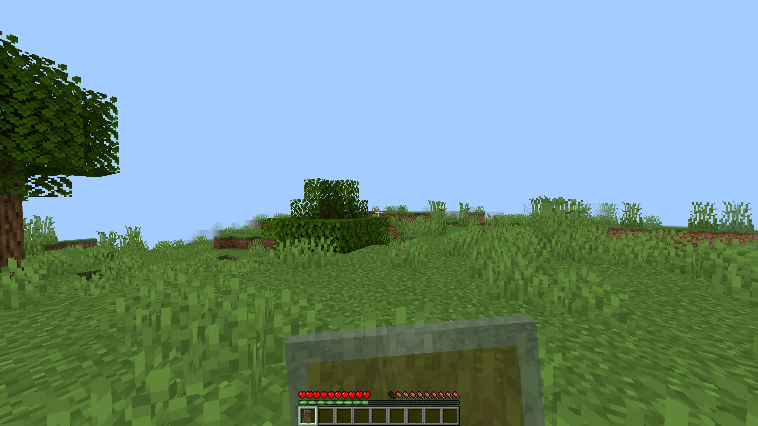 Прозрачный щит в правой руке персонажа Minecraft.