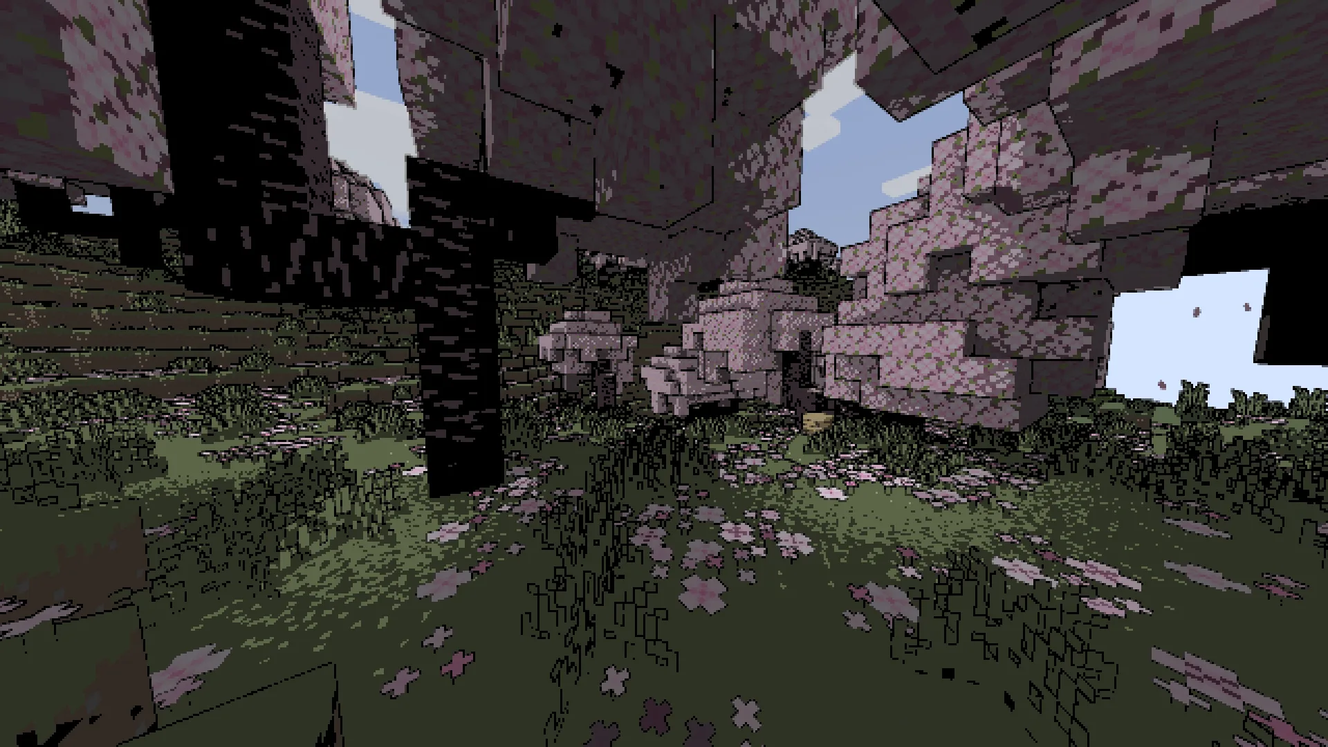 Визуализация шейдеров Lethal Shaders в биоме Cherry Grove.