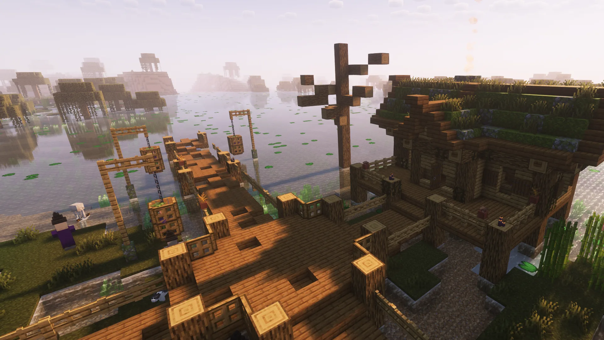 Деревня ведьм в болоте днем в Minecraft.