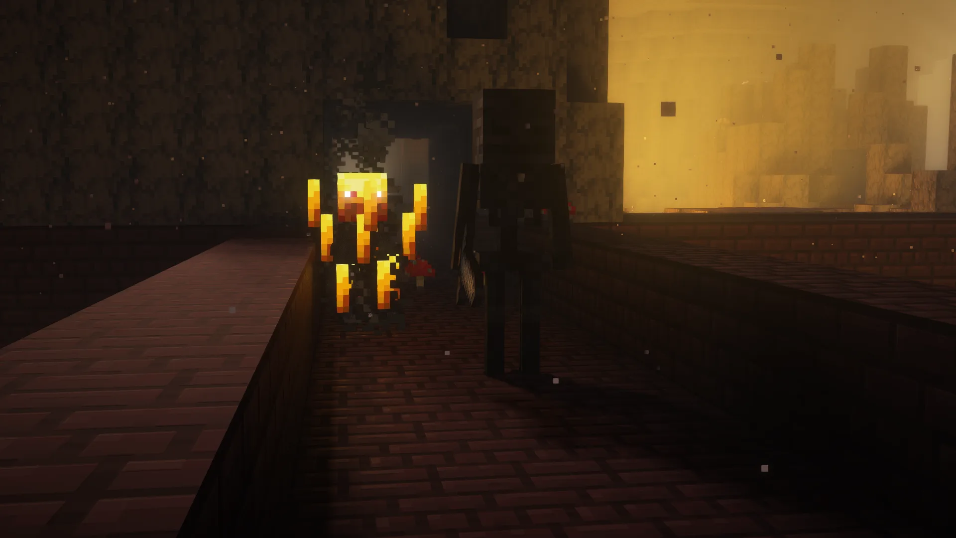 Тени сущностей в Minecraft, блокируемые источниками света.