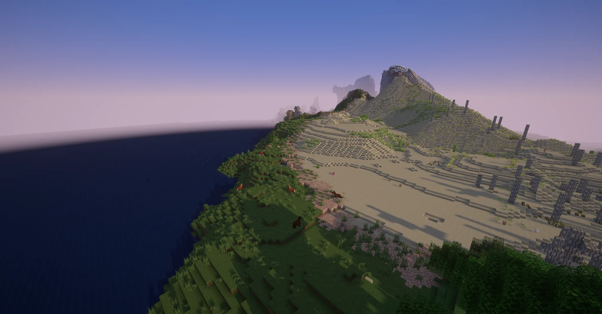 Пустынный биом с шейдерами на рассвете в Minecraft.