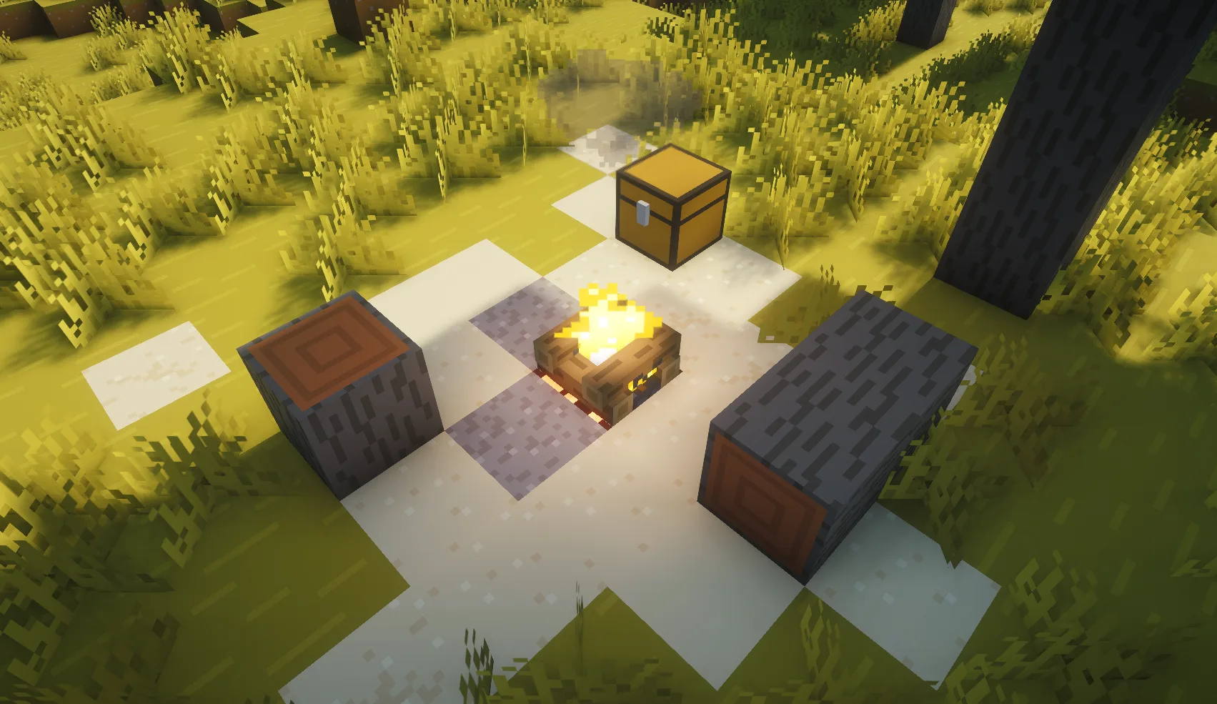 Игровой скриншот мода Small Structures: теплый вариант лагеря.