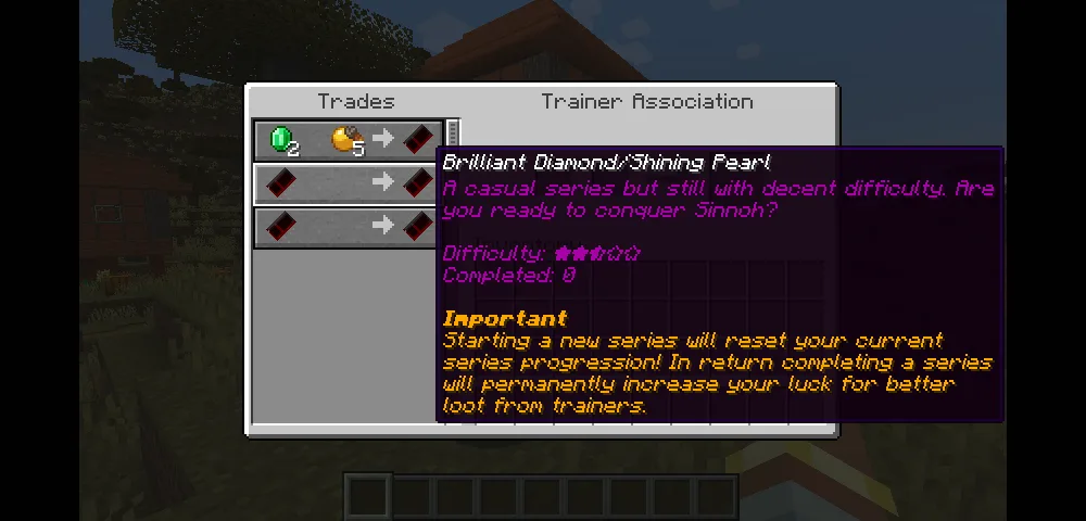 Игровой интерфейс обмена покемонами в моде Cobblemon.