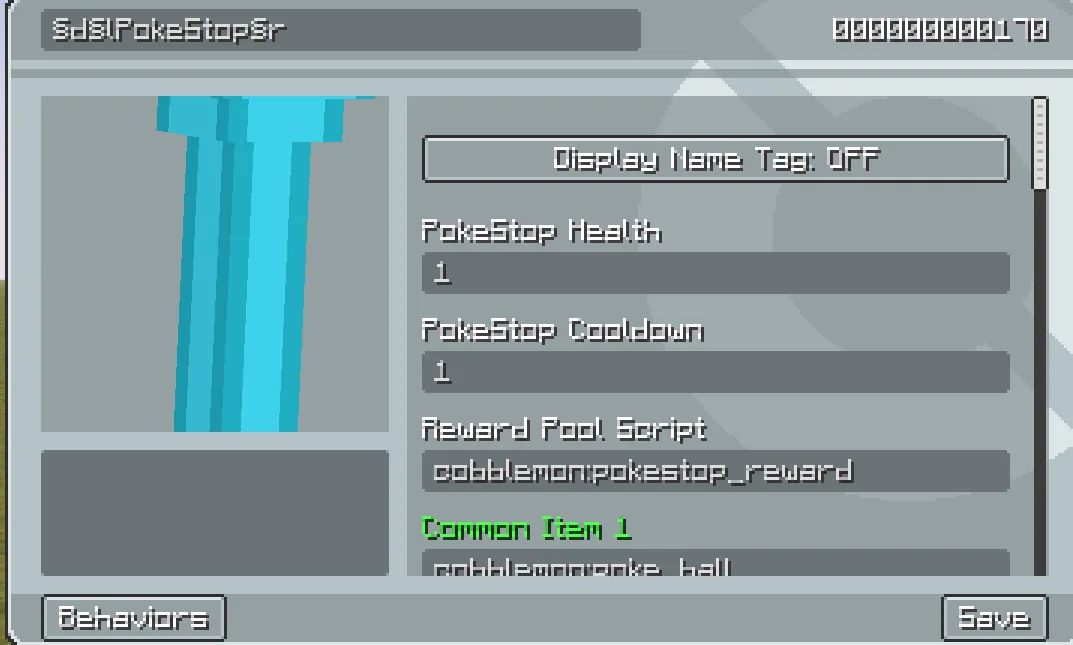 Окно редактирования NPC в моде CobbleStops с настройками времени клика и задержки.