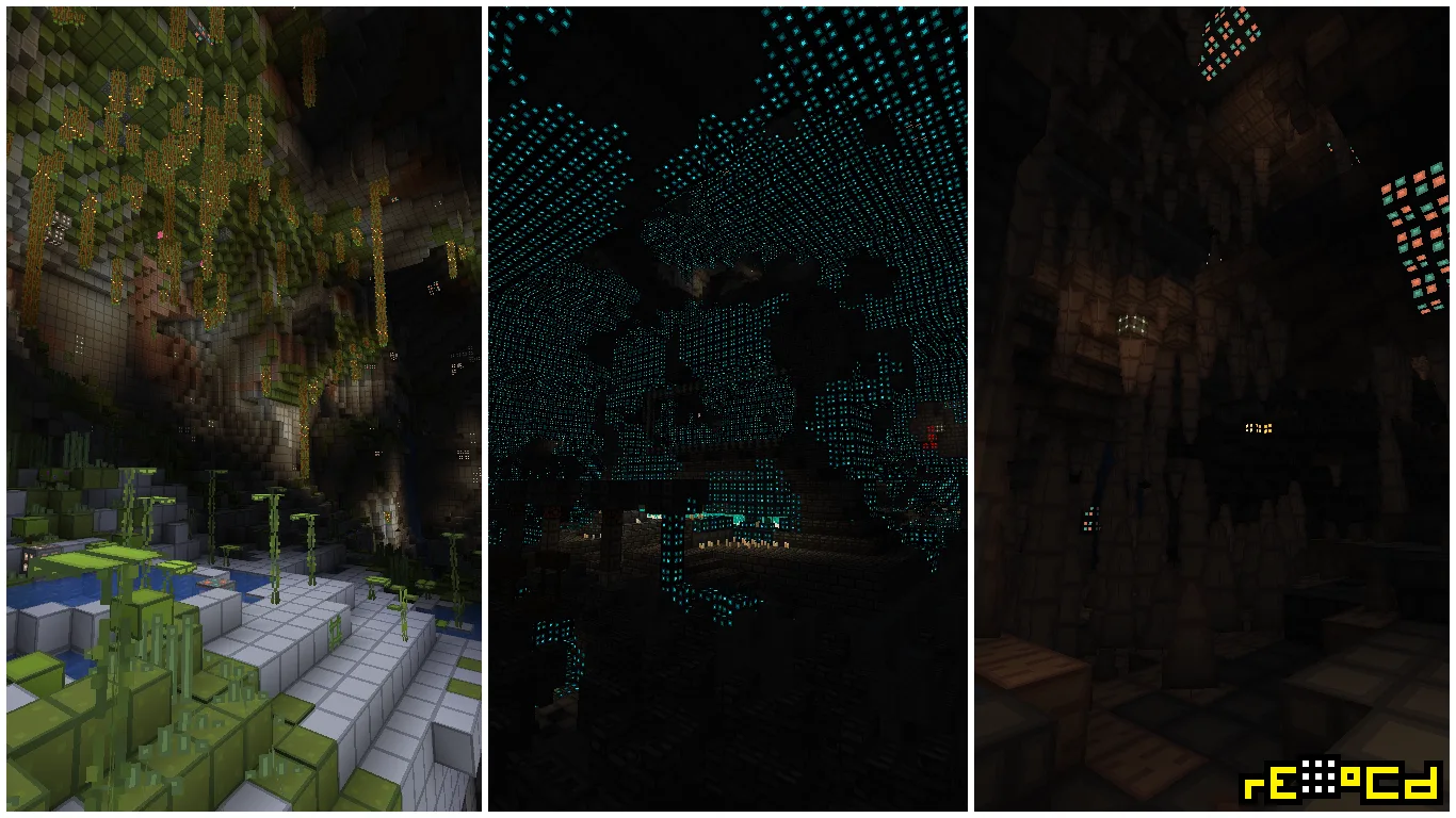 Скриншот биомов Lush Cave, Ancient City и Dripstone Cave в проекте rE-oCd.