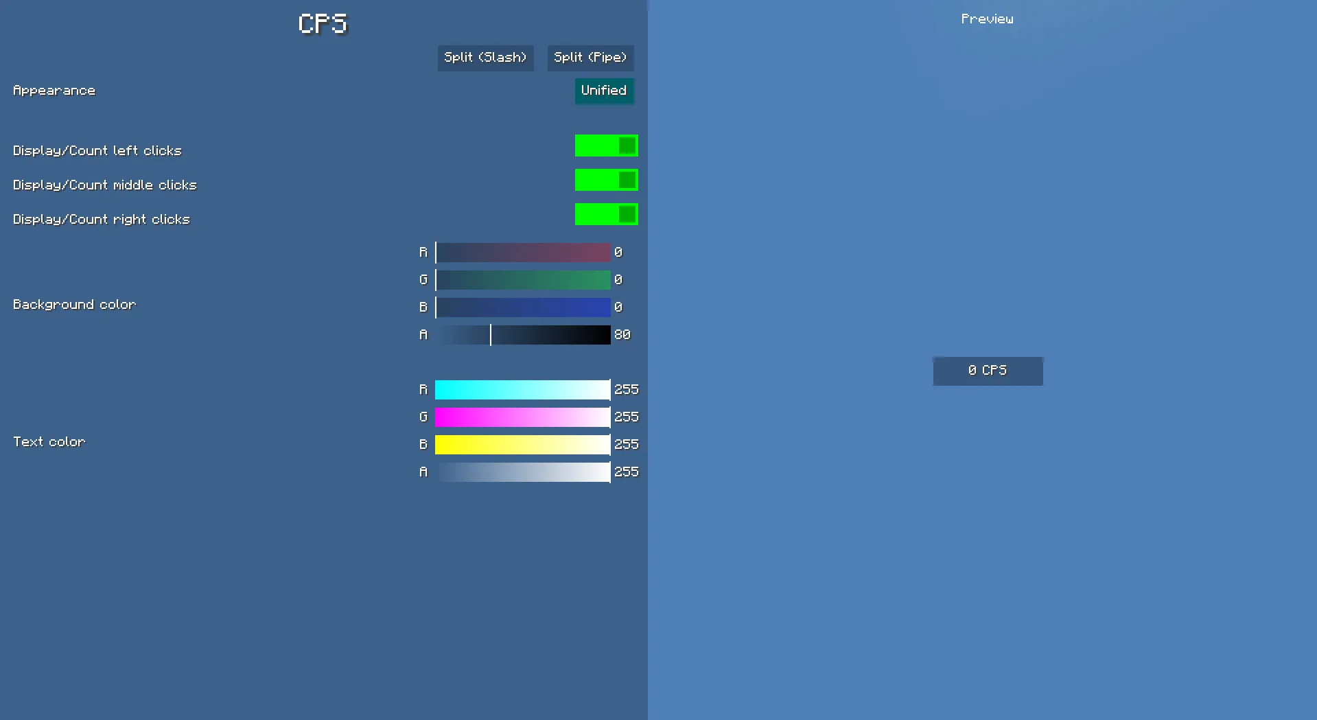 Настройки и предварительный просмотр виджета CPS в моде Widgets