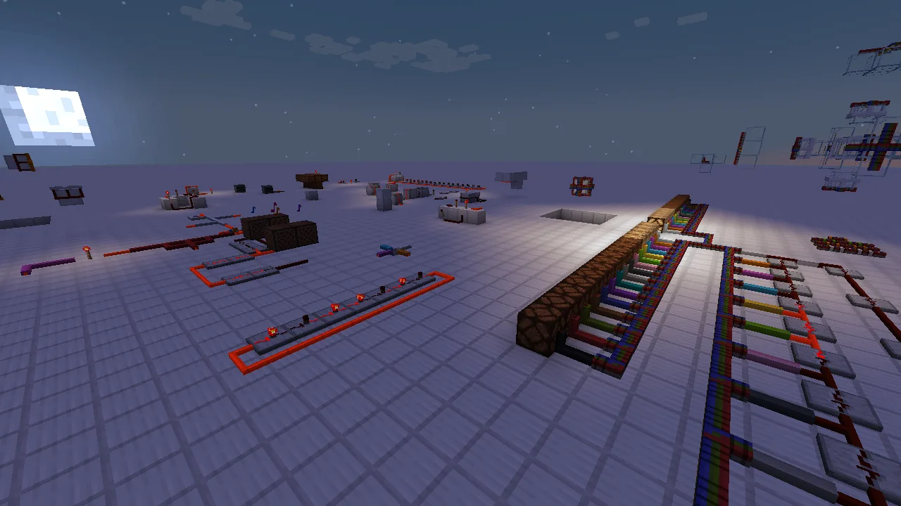 Скриншот тестового мира Wired Redstone с добавленными логическими элементами «НЕ» и обновленными текстурами.