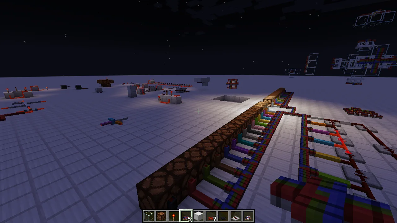 Мир разработчика проекта Wired Redstone с тестовыми схемами из редстоуна.