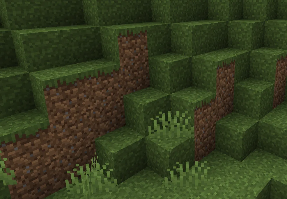 Скриншот модификации BetterGrassify, демонстрирующий улучшенное отображение травы на блоках земли.