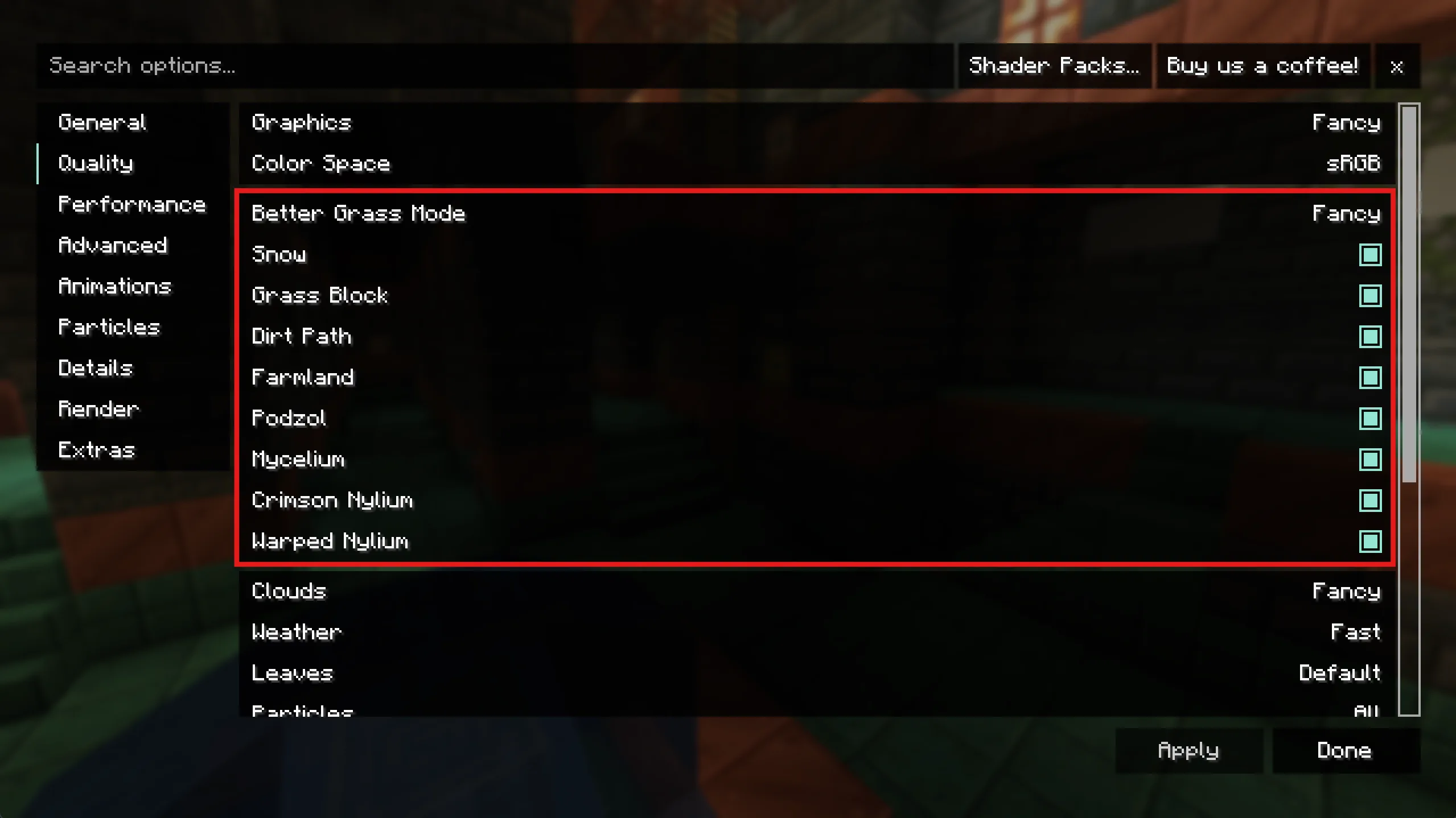 Меню настроек мода Reese's Sodium Options в Minecraft.