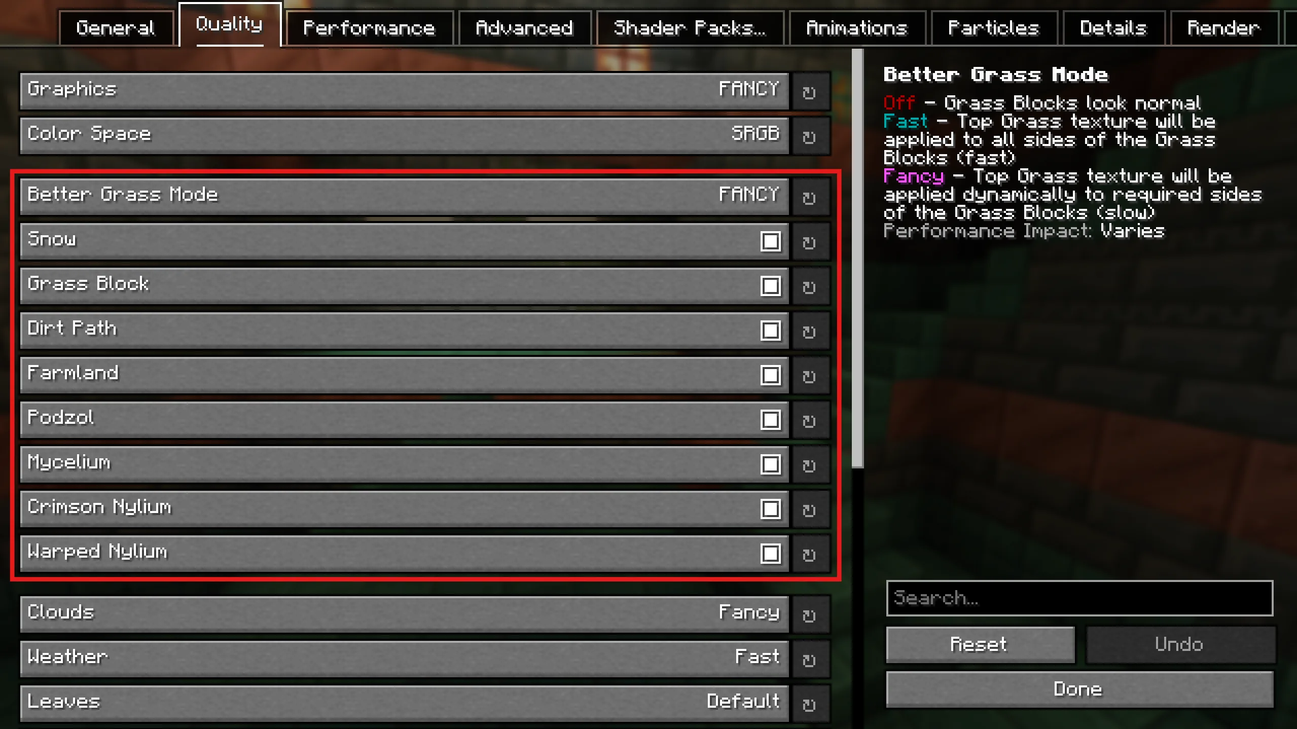 Меню настроек мода Xander's Sodium Options в Minecraft.