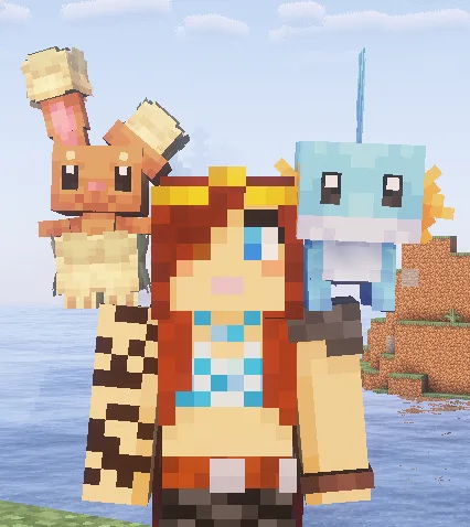 Персонажи мода Cobblemon, сидящие на плечах игрока.