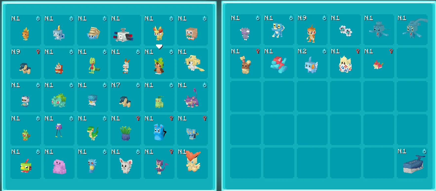 Все покемоны из версии V1, доступные для посадки на плечо в моде Cobblemon Shoulder Mounts.