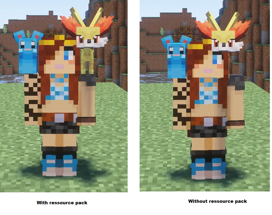 Демонстрация ошибки отображения модели покемона внутри головы персонажа из-за неправильной установки Cobblemon Shoulder Mounts.