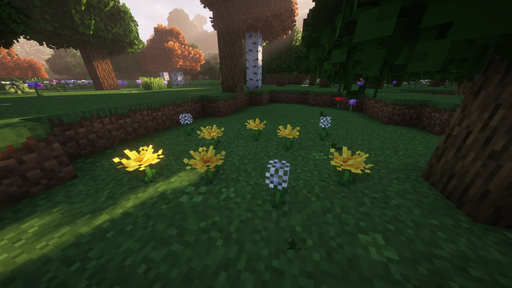 Скриншот ресурс-пака DefaultXL с изображением одуванчиков в Minecraft.