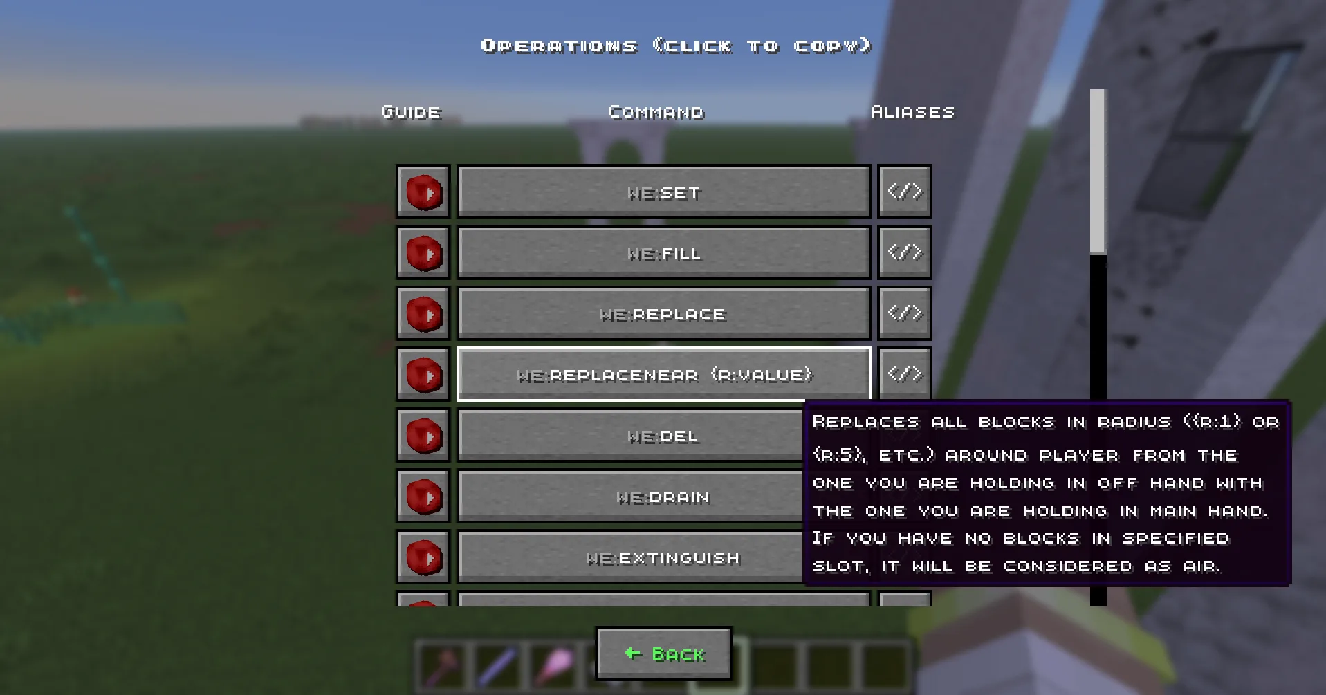 Экран внутриигровой справки с описанием команд и функций мода Axis WorldEditor.