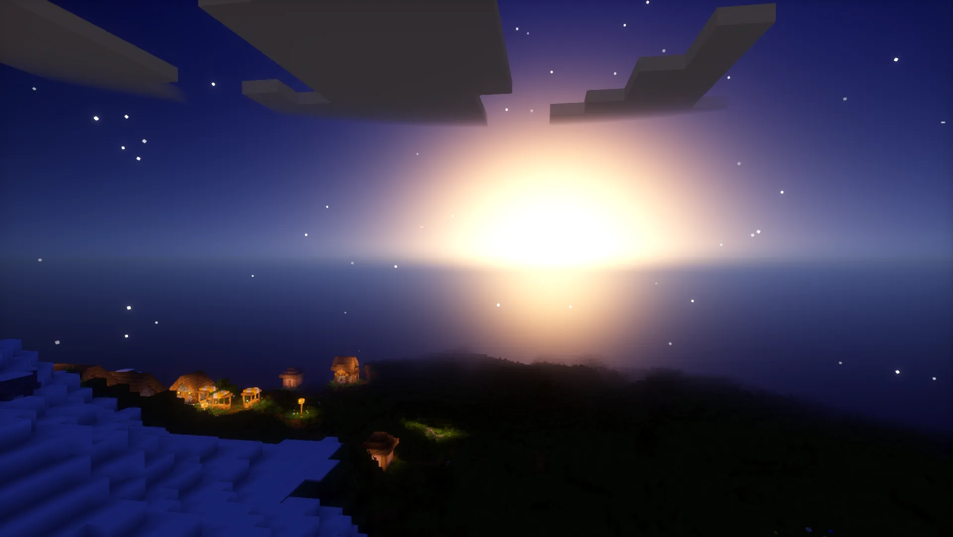 Закат в мире Minecraft с шейдерами Oak.