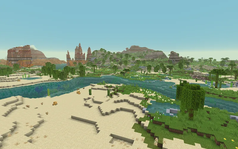 Оазис с пышной растительностью и пещерами посреди пустынного биома в Minecraft.