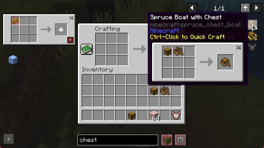 Интерфейс модификации Roughly Enough Items с закрепленными рецептами и функцией быстрого создания предметов.