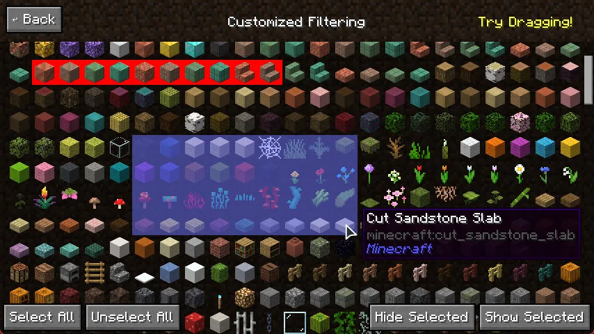 Интерфейс модификации Roughly Enough Items с активным режимом скрытия предметов через перетаскивание.