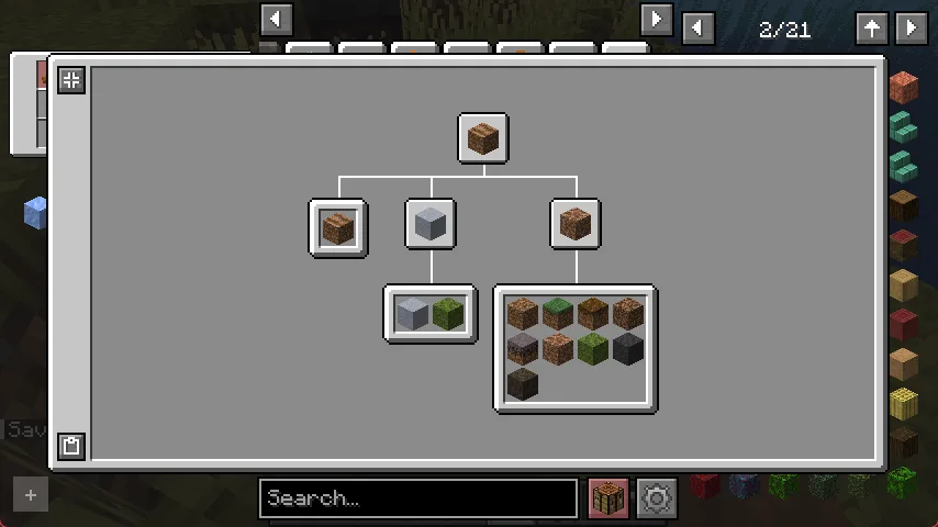 Интерфейс Roughly Enough Items с деревом тегов и их зависимостями.