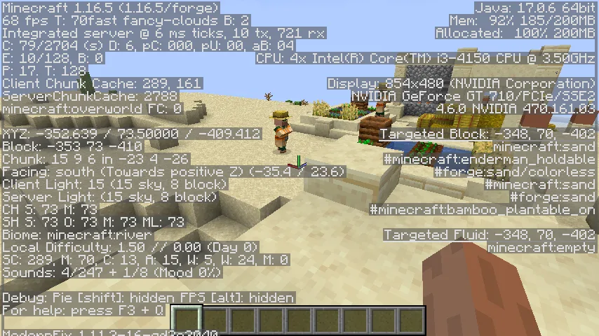 Мод ModernFix: пример потребления 200 МБ оперативной памяти в Forge 1.16.5.