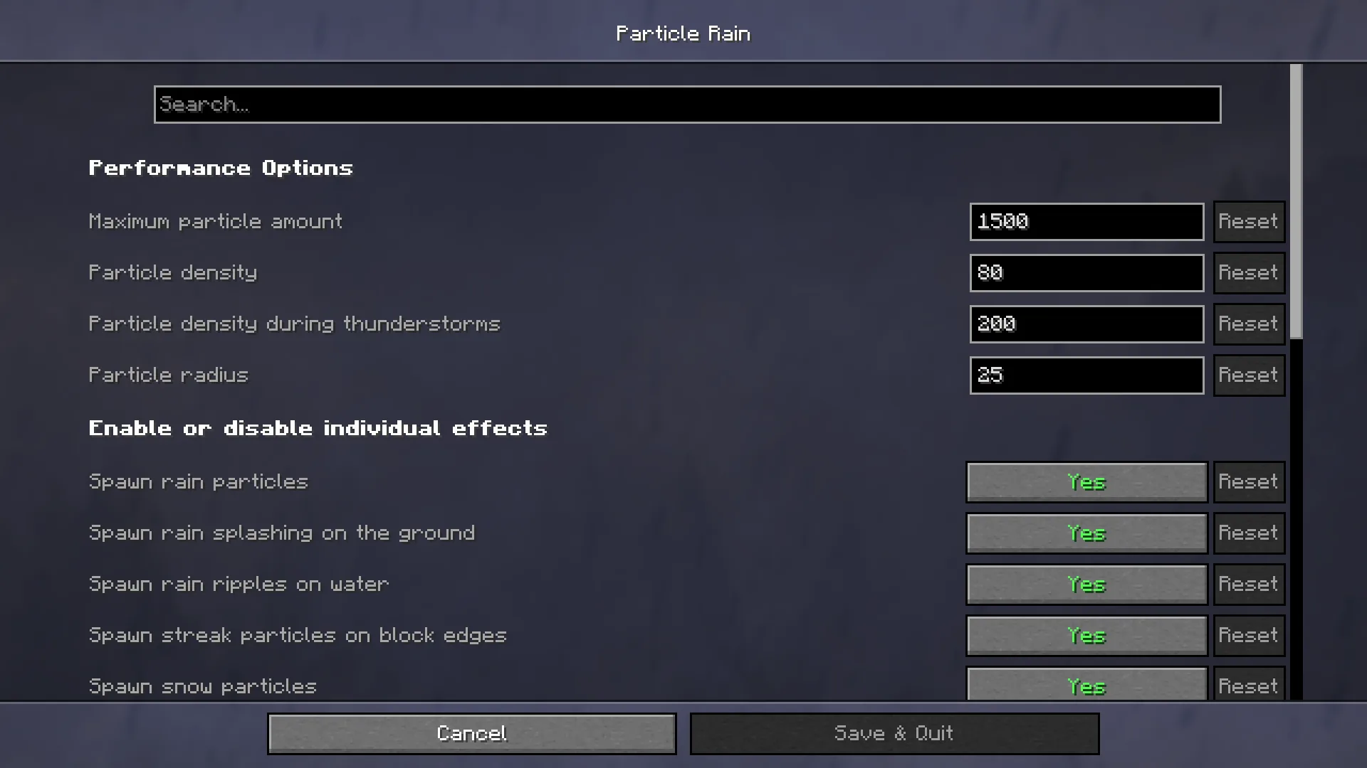 Меню конфигурации мода Particle Rain.
