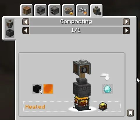 Игровой процесс мода Create: Nerfad, превращение блоков угля в алмазы с помощью нагрева лавой.