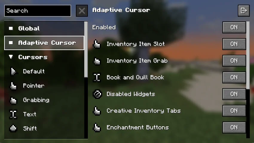 Меню настроек мода Cursors Extended с адаптивными опциями.