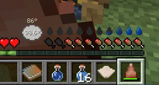 Интерфейс Minecraft HUD: индикаторы уровня воды, температуры тела и окружающей среды.