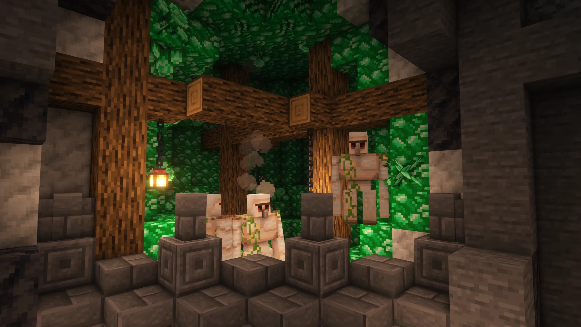 Изумрудная жеода, охраняемая железными големами в деревне Minecraft.