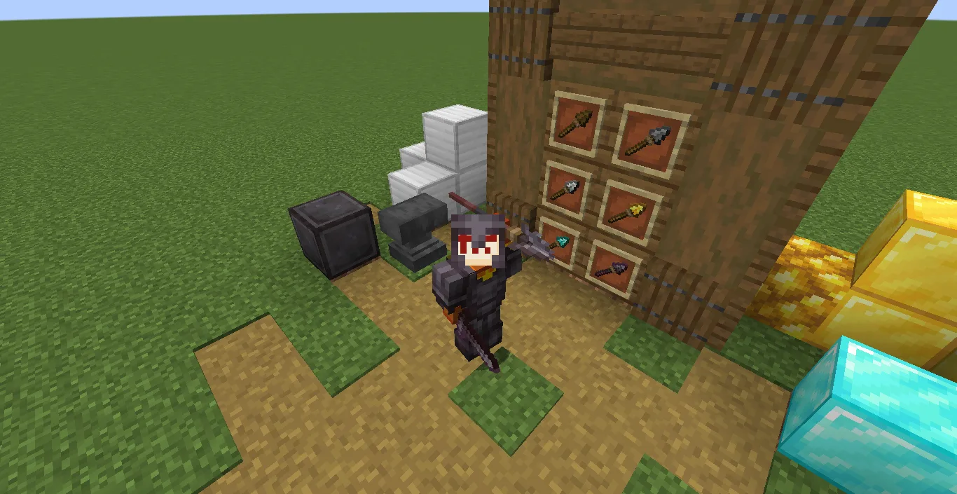 Персонаж в Minecraft, вооруженный копьем из мода Simple Spears.