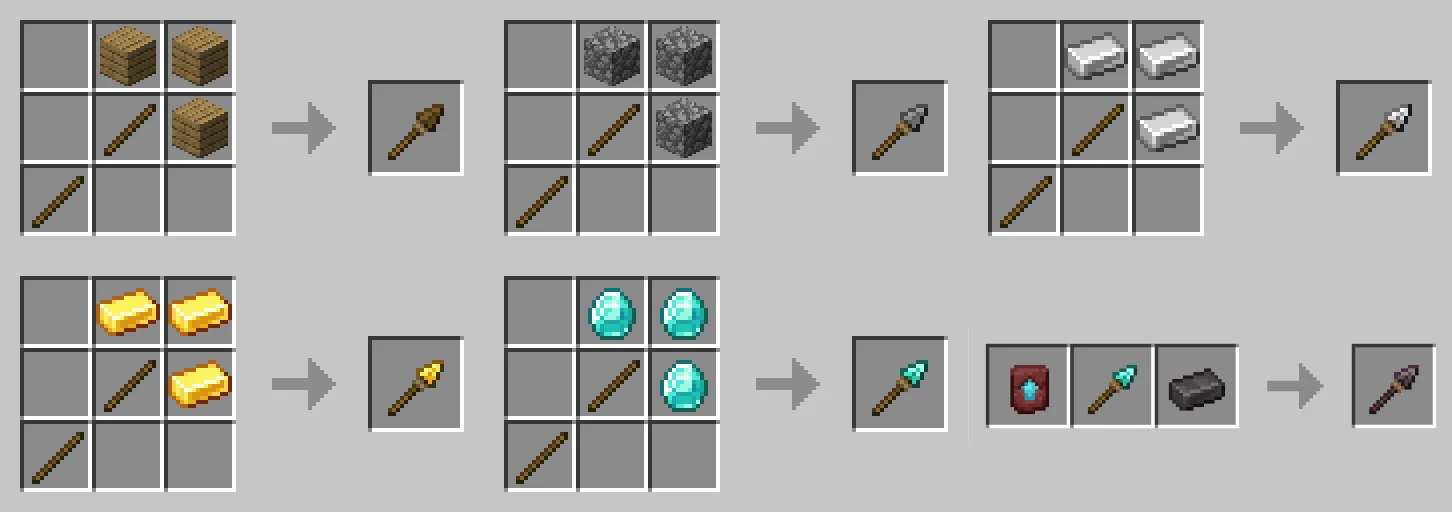 Скриншот с рецептами крафта копий из мода Simple Spears.