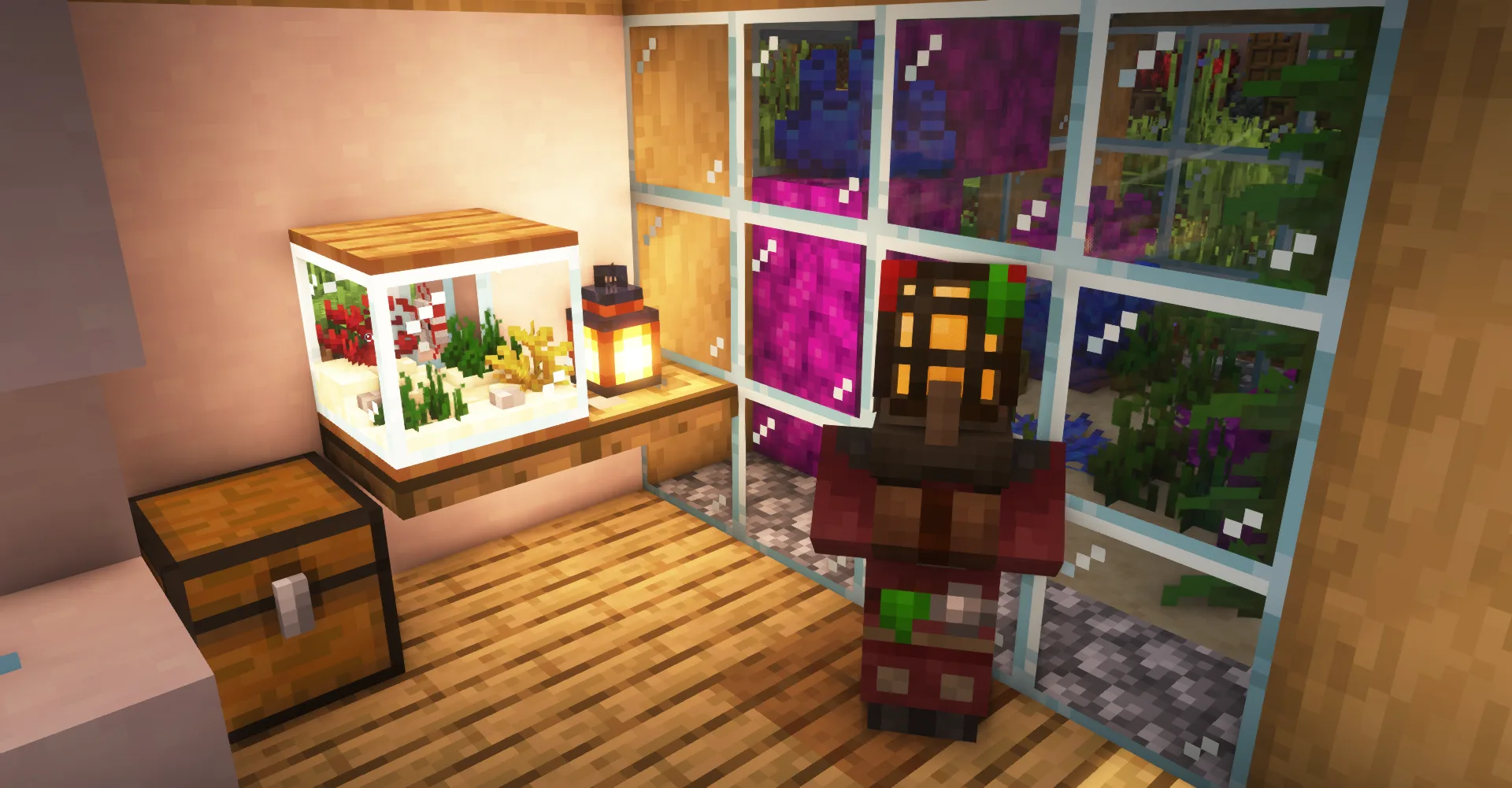 Житель-океанограф с аквариумом из мода VillagersPlus.