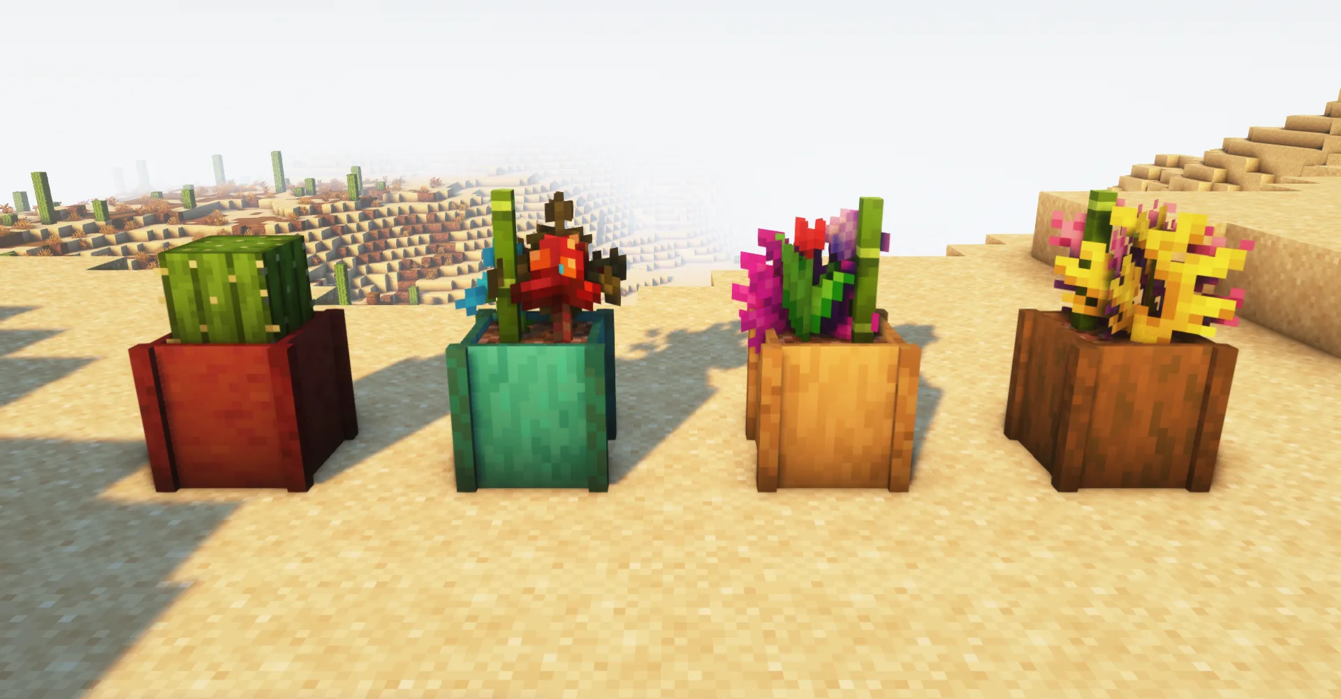 Деревянные кадки с цветами в Minecraft.