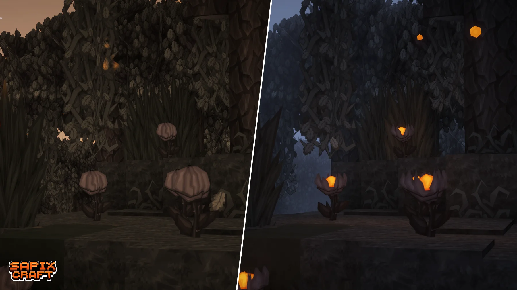 Цветы Eyeblossom из ресурспака Sapixcraft в дневном и ночном вариантах.