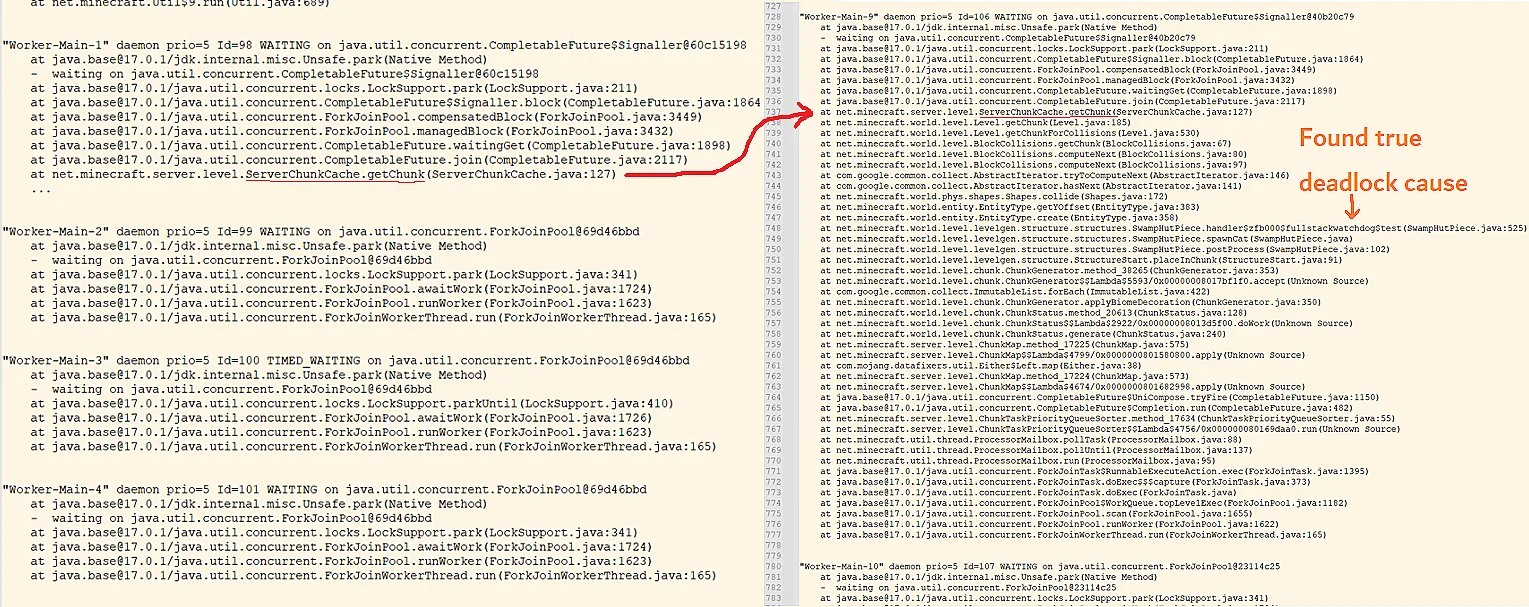 Скриншот улучшенных логов сбоев Watchdog в Minecraft.