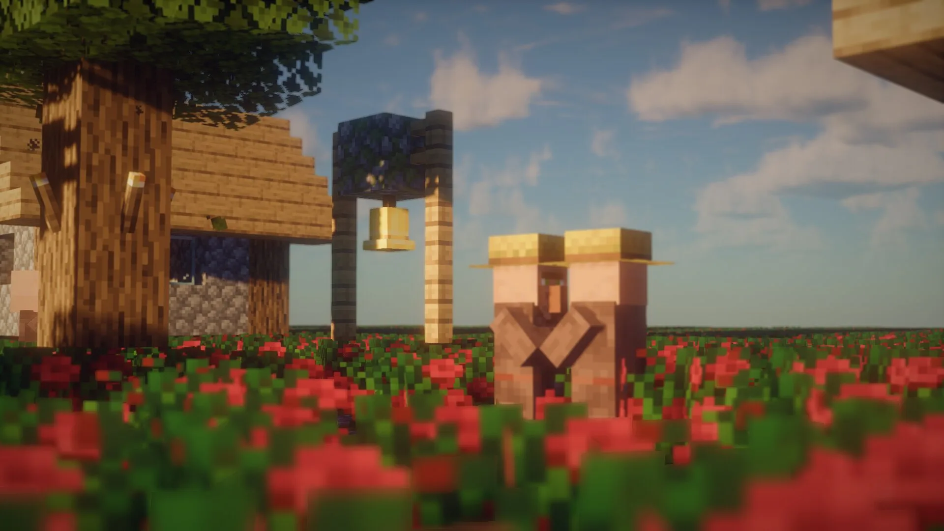 Деревня в Minecraft, освещенная шейдерами Turtle.