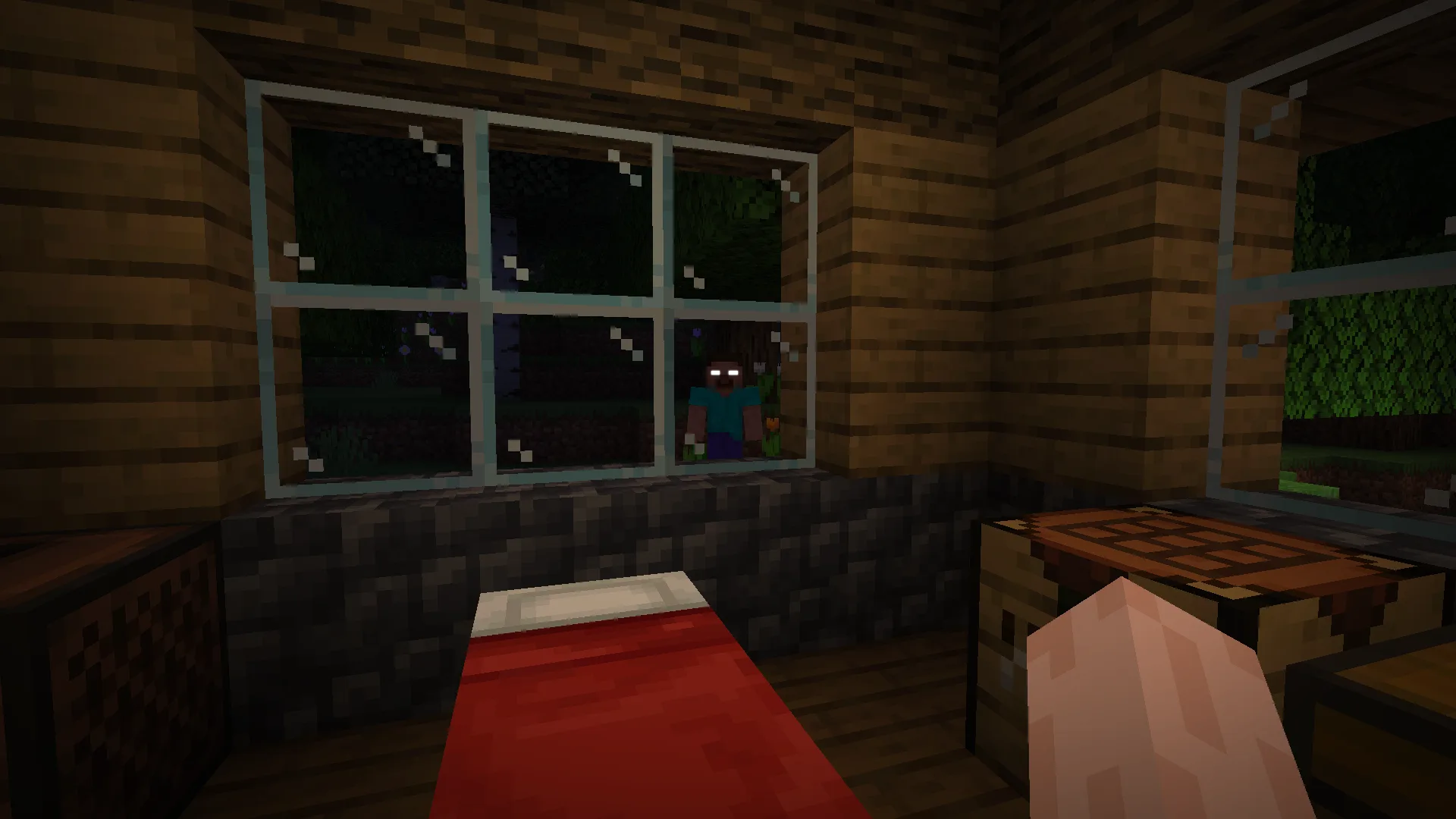 Существо из мода From The Fog, наблюдающее за игроком через окно.