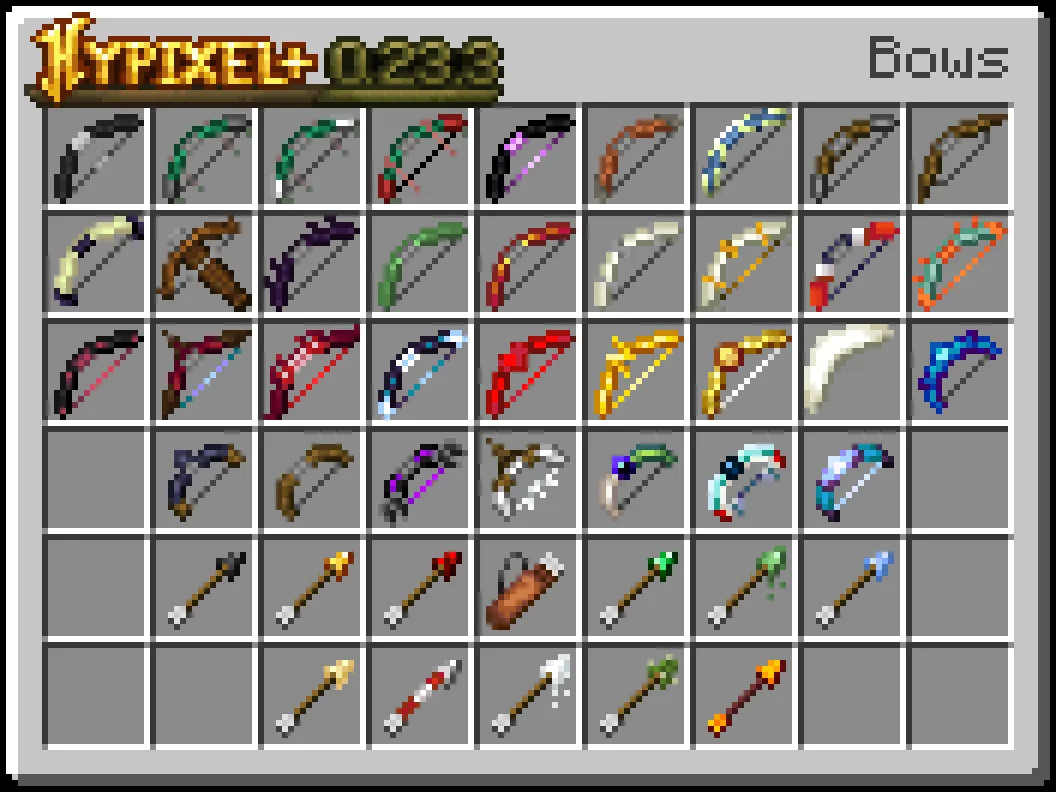 Скриншот игрового процесса с луками из обновления 0.23.3 проекта Hypixel Plus.