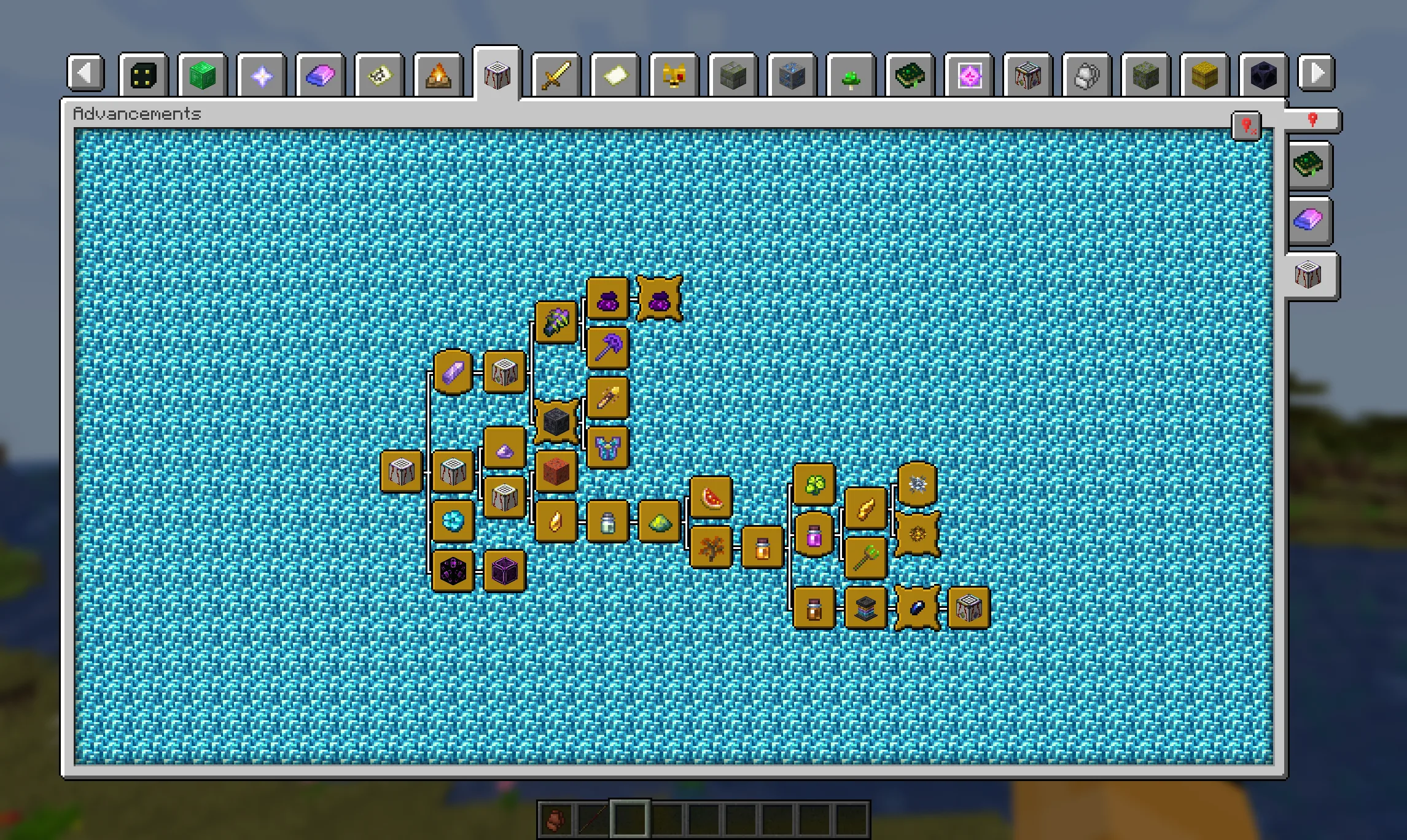 Интерфейс достижений Minecraft, занимающий весь экран с пагинацией и кастомными рамками.