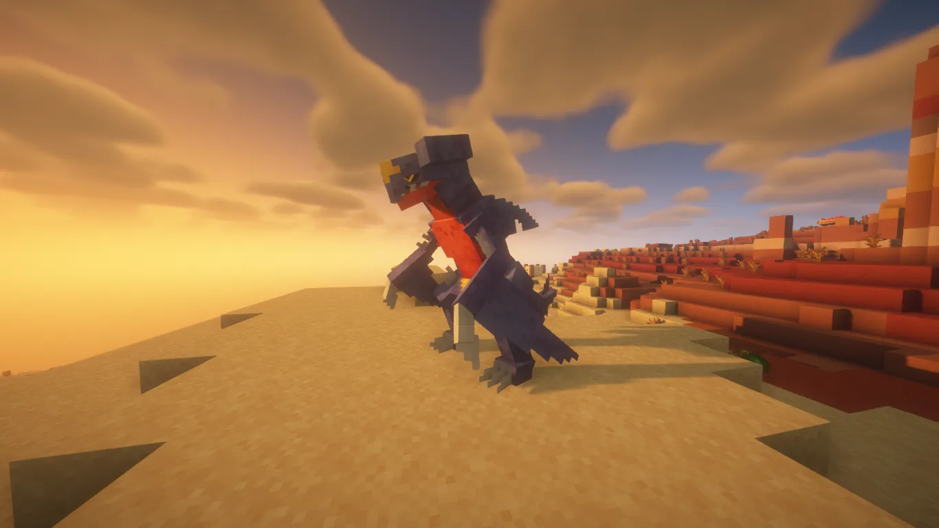 Модель Гарчомпа из проекта Cobble-Remodels в пустынном биоме Minecraft.