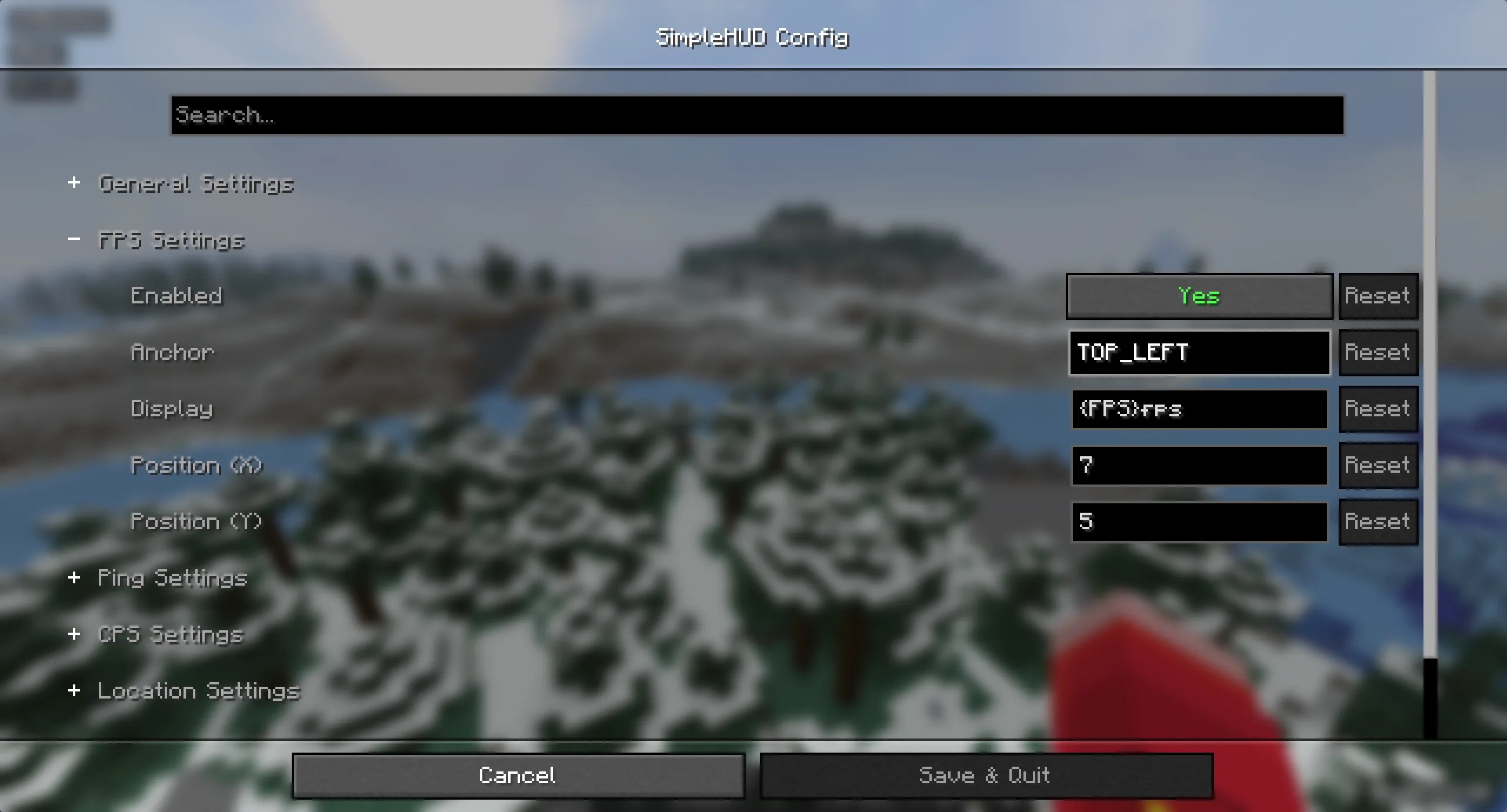 Меню настроек FPS в моде SimpleHUD.