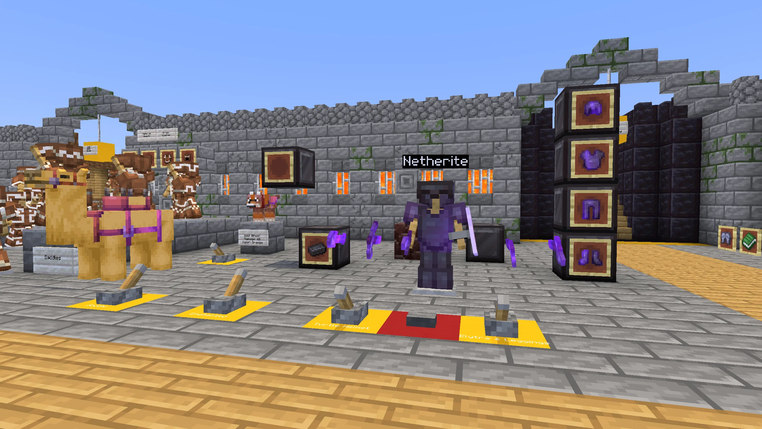 Полный комплект незеритовой брони и инструментов из Minecraft.