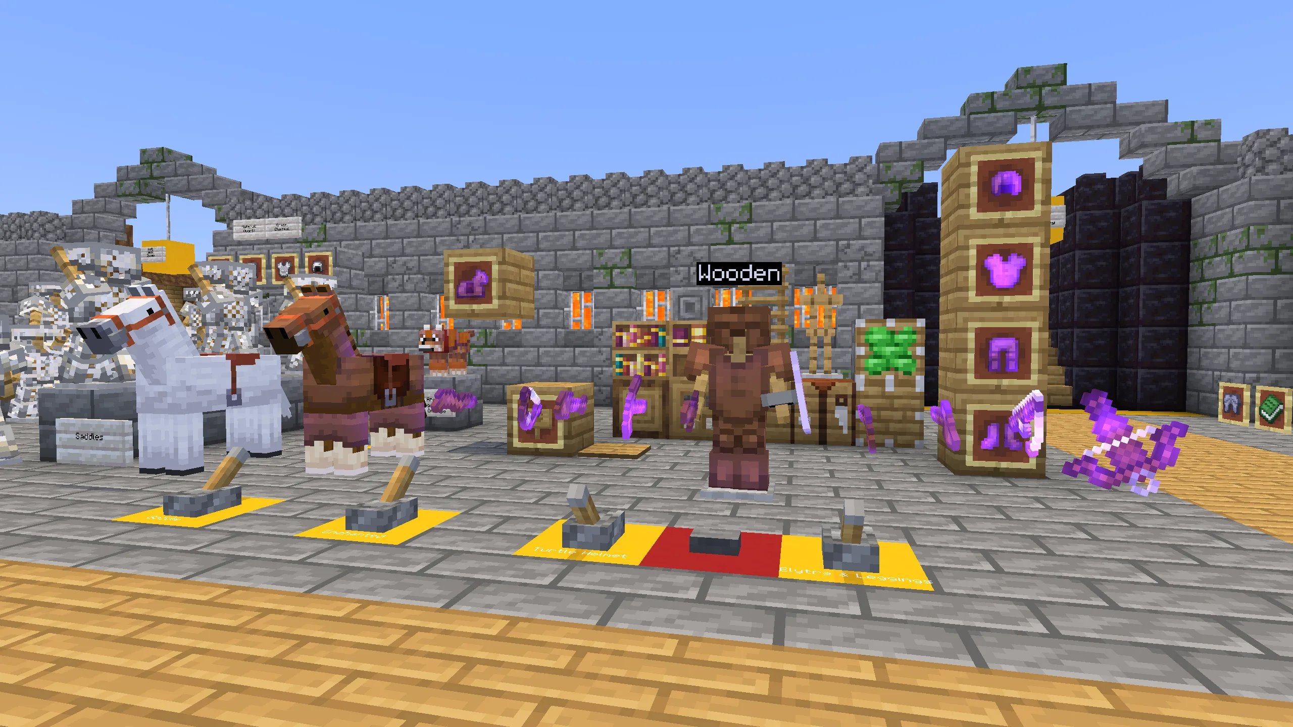 Кожаная броня и деревянные инструменты в Minecraft.