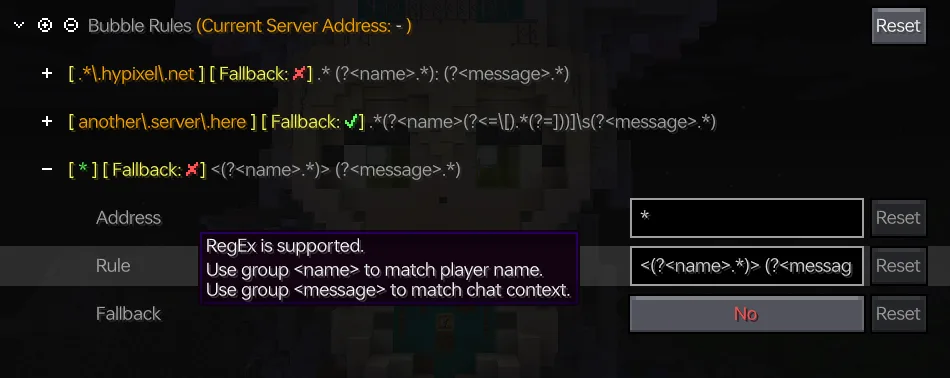 Интерфейс настроек пузырьков чата в моде Chat Tools.